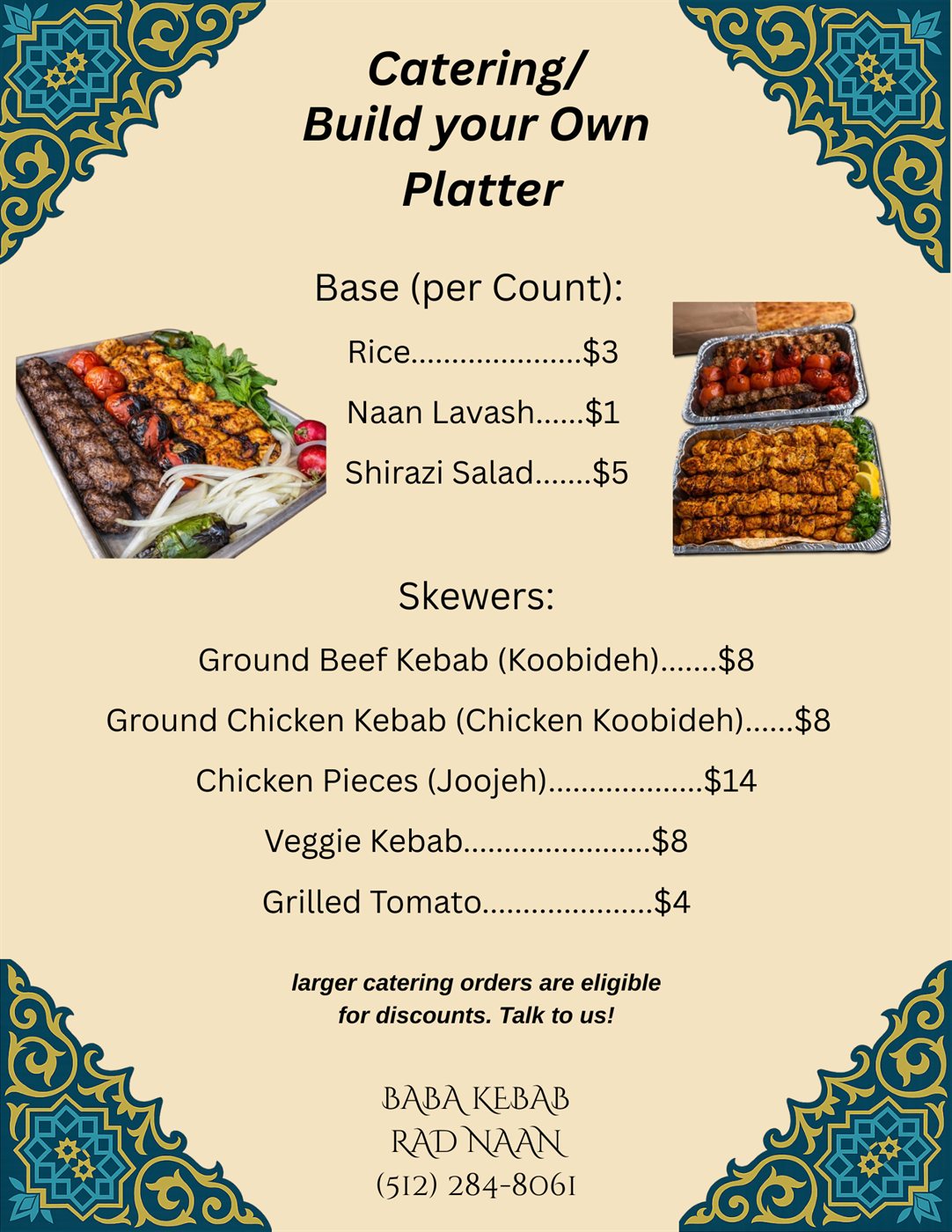 Baba Kebab build-your-own catering platter menu poster