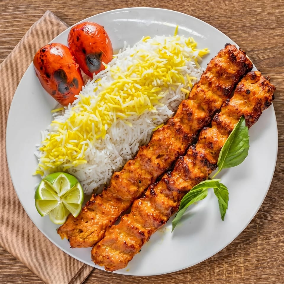 Two chicken kebabs with white and yellow rice, grilled tomatoes, lime, and basil on a white plate.
