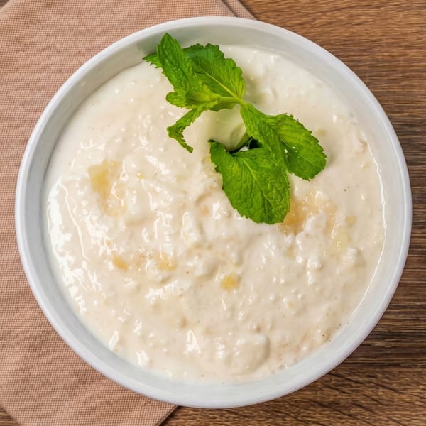 Creamy rice pudding in a white bowl, garnished with fresh mint, on a wooden table.