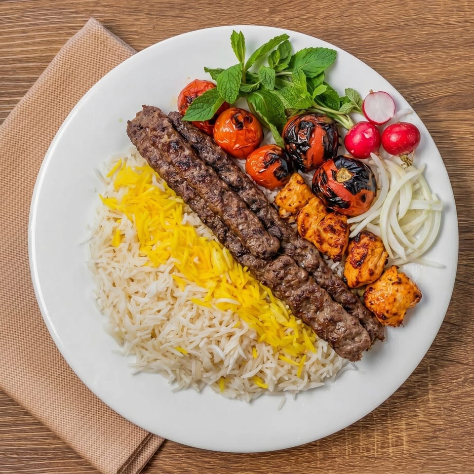 A white plate with two skewers of grilled meat, rice, roasted tomatoes, radishes, and mint.
