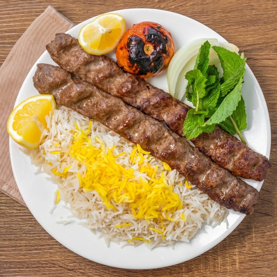 Two koobideh kebabs with white and yellow rice, grilled tomato, lemon, onion, and mint.