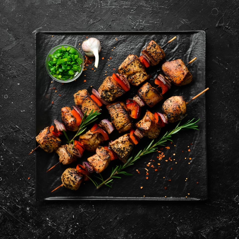 Three chicken and vegetable skewers with rosemary and spices on a black plate.