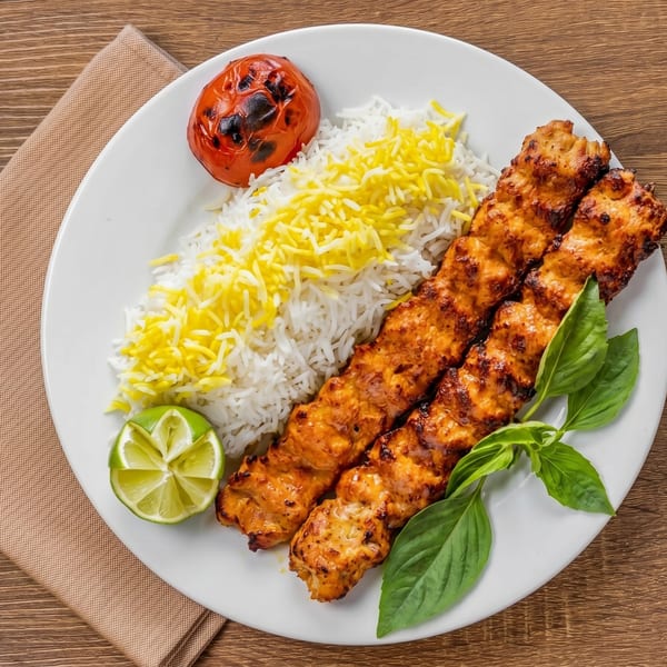 Two chicken koobideh kebabs with saffron rice, grilled tomato, lime, and basil on a white plate.