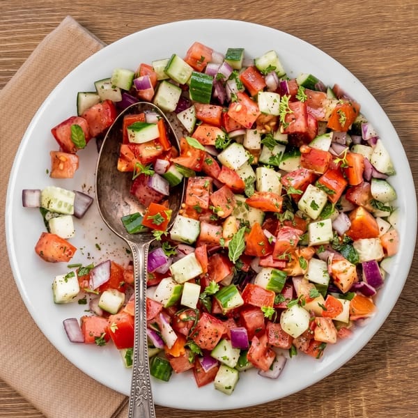 Overhead view of a white plate filled with diced tomato, cucumber, and red onion salad, with a spoon.